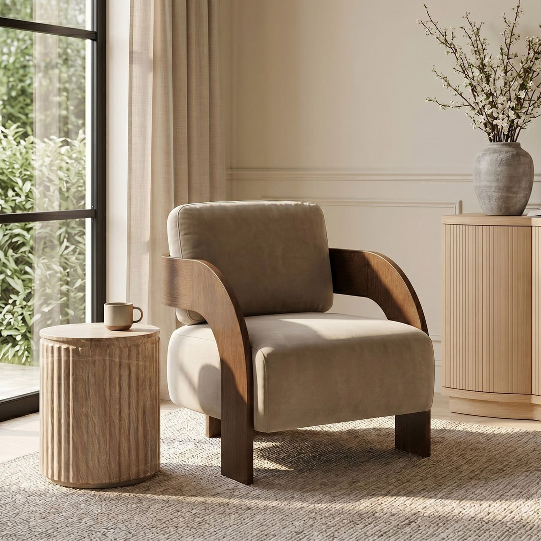 Cedra Velvet Performance Fabric Upholstered Accent Chair — Beige / Stained Brown