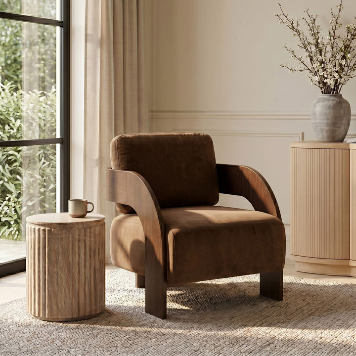 Cedra Velvet Performance Fabric Upholstered Accent Chair — Saddle / Stained Brown