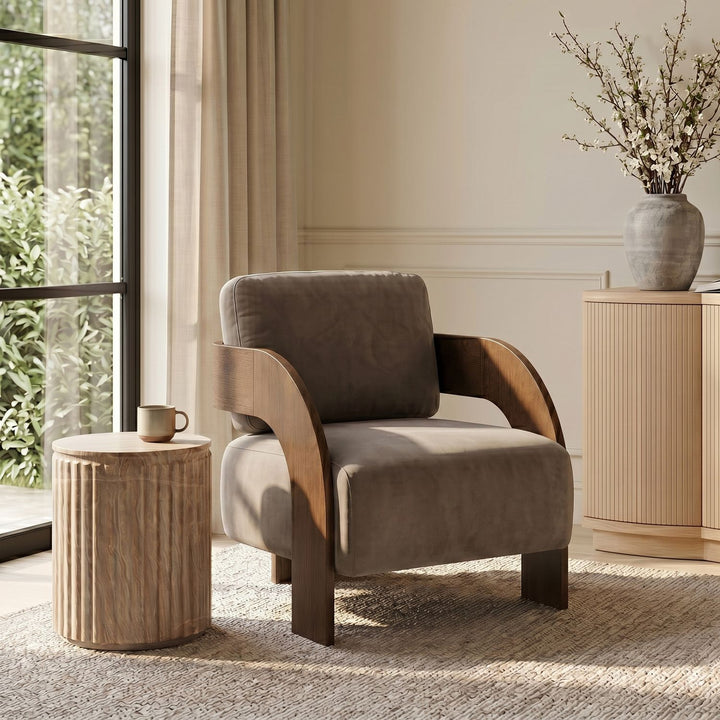 Cedra Velvet Performance Fabric Upholstered Accent Chair — Taupe / Stained Brown
