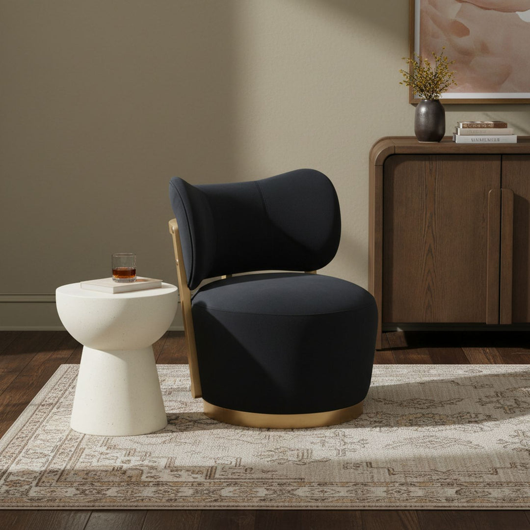 Elara Velvet Upholstered Swivel Accent Chair — Black / Stained Natural