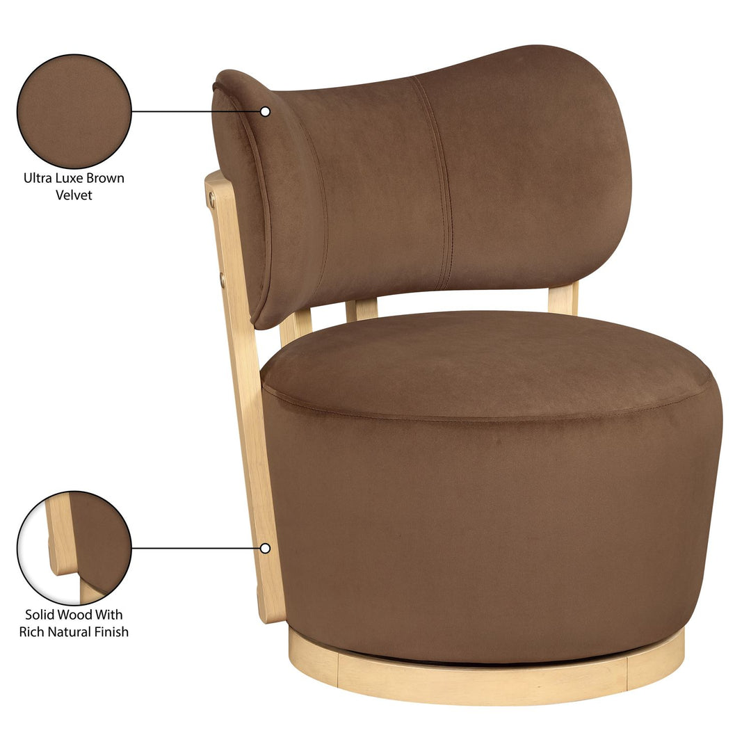 Elara Velvet Upholstered Swivel Accent Chair — Brown / Stained Natural