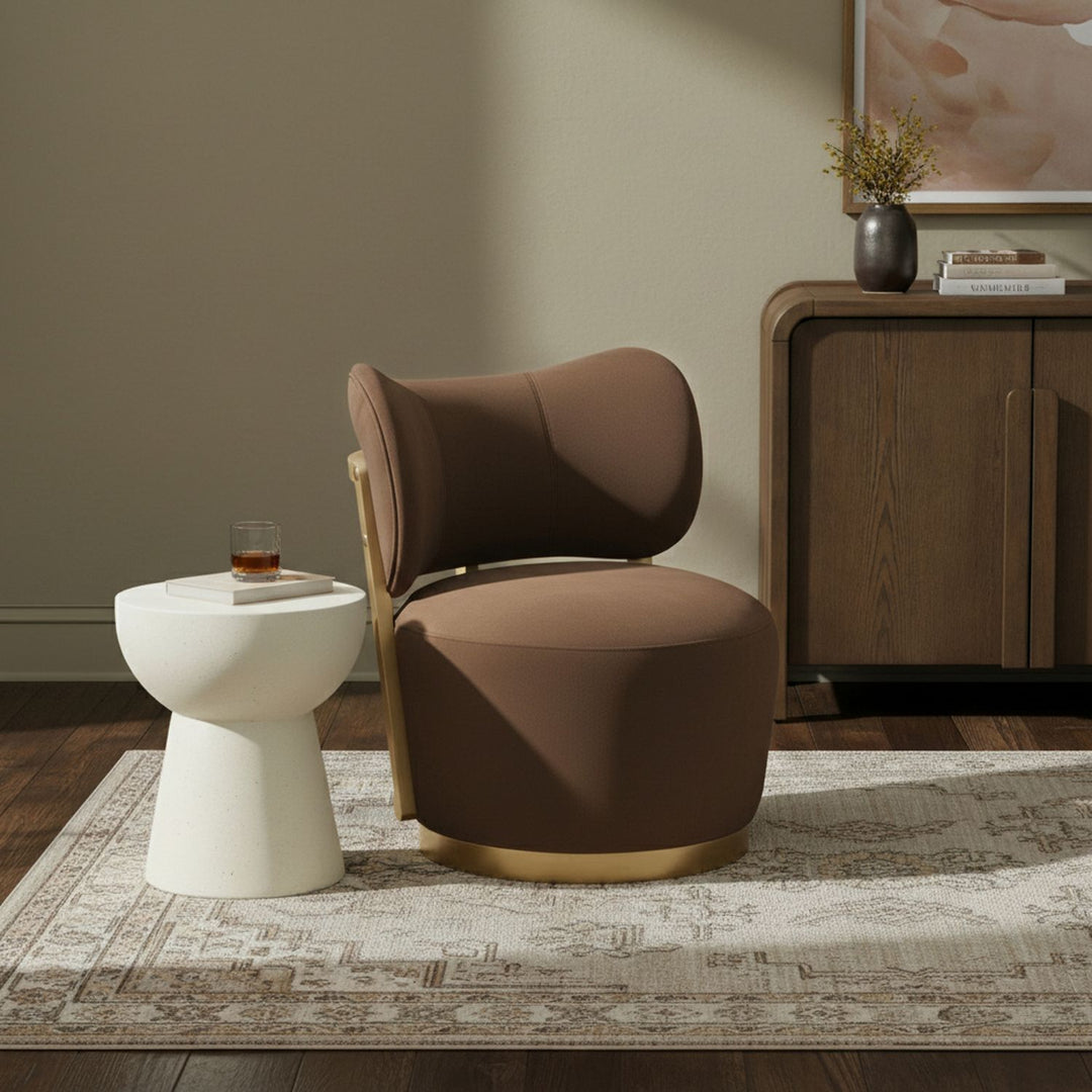 Elara Velvet Upholstered Swivel Accent Chair — Brown / Stained Natural