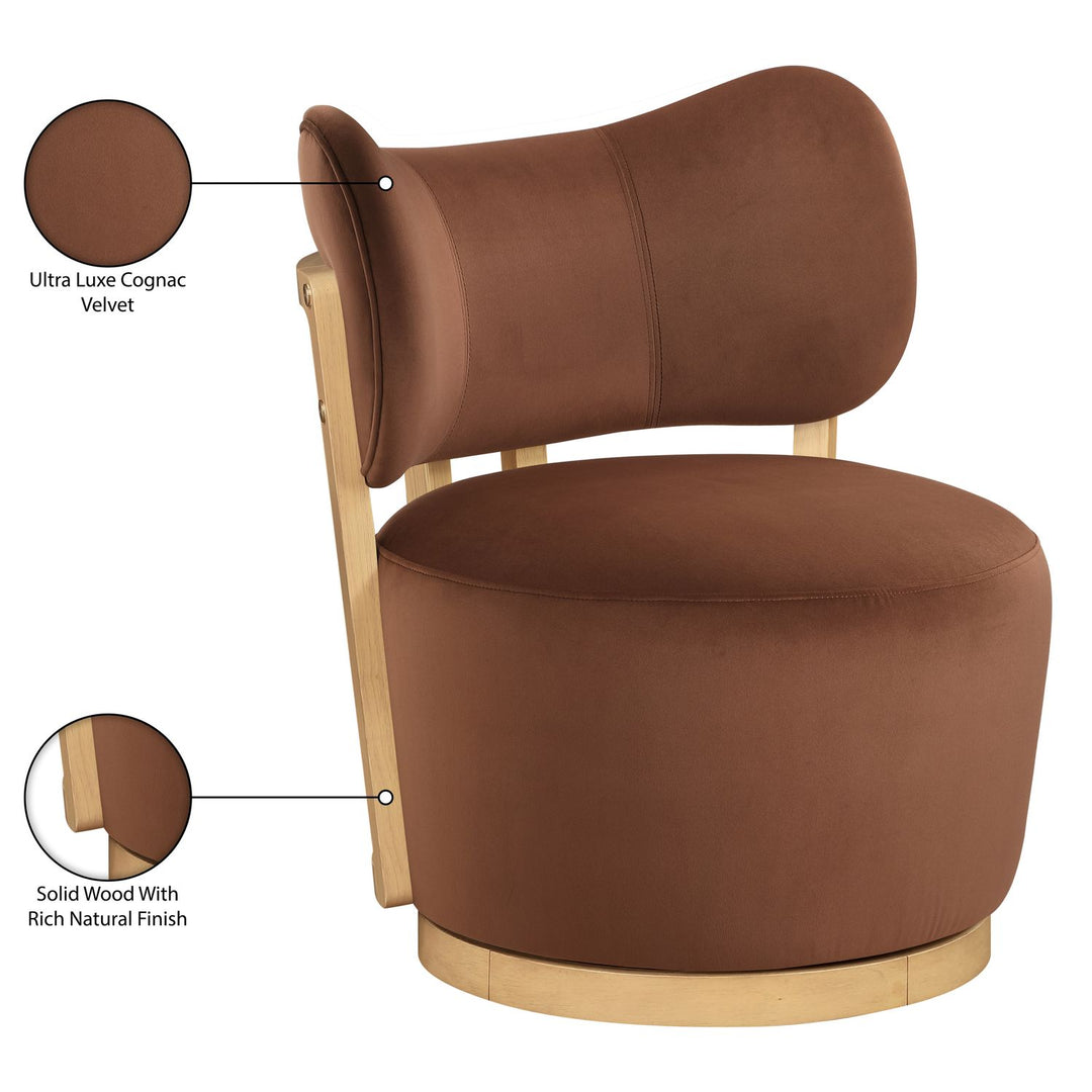 Elara Velvet Upholstered Swivel Accent Chair — Cognac / Stained Natural
