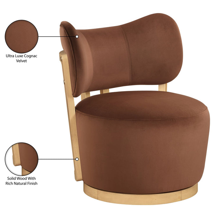 Elara Velvet Upholstered Swivel Accent Chair — Cognac / Stained Natural