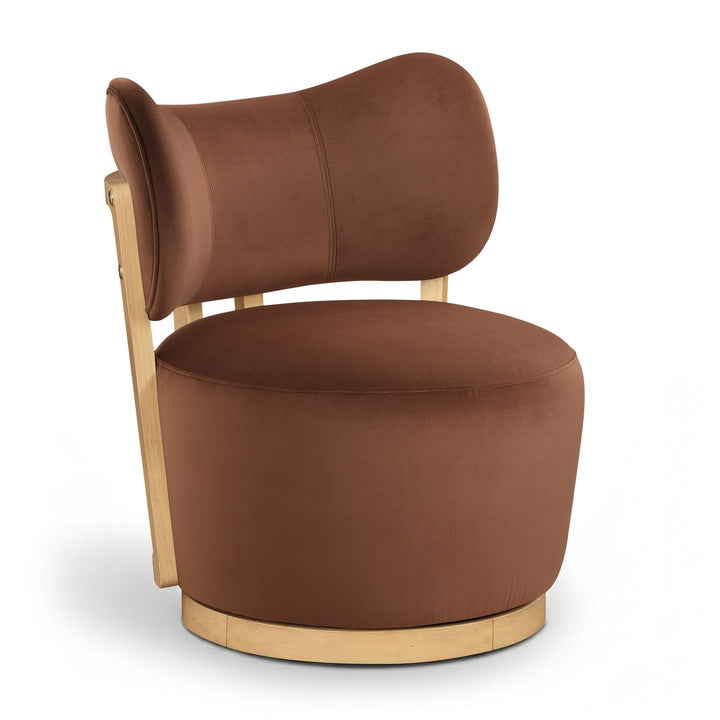 Elara Velvet Upholstered Swivel Accent Chair — Cognac / Stained Natural