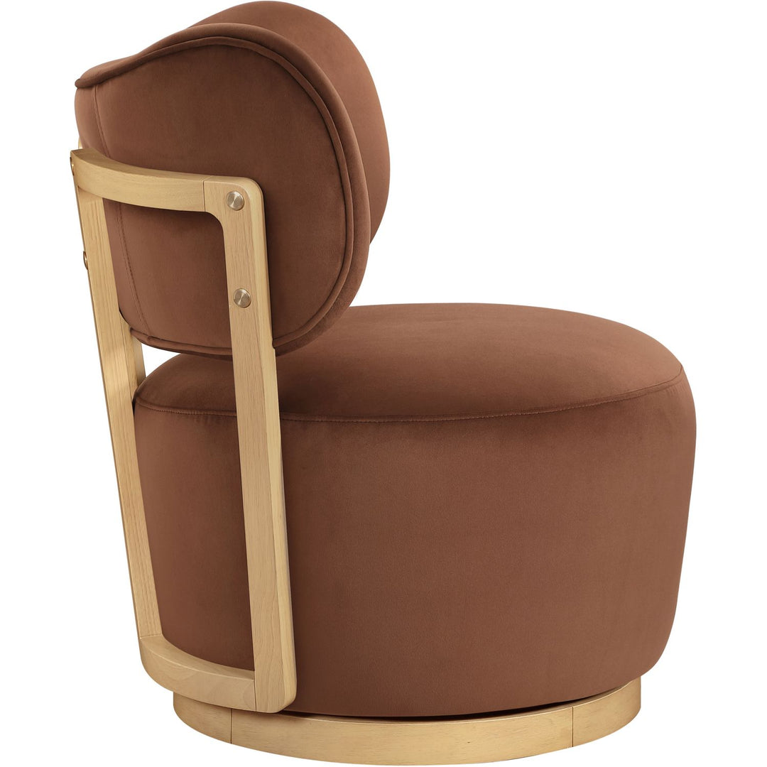Elara Velvet Upholstered Swivel Accent Chair — Cognac / Stained Natural