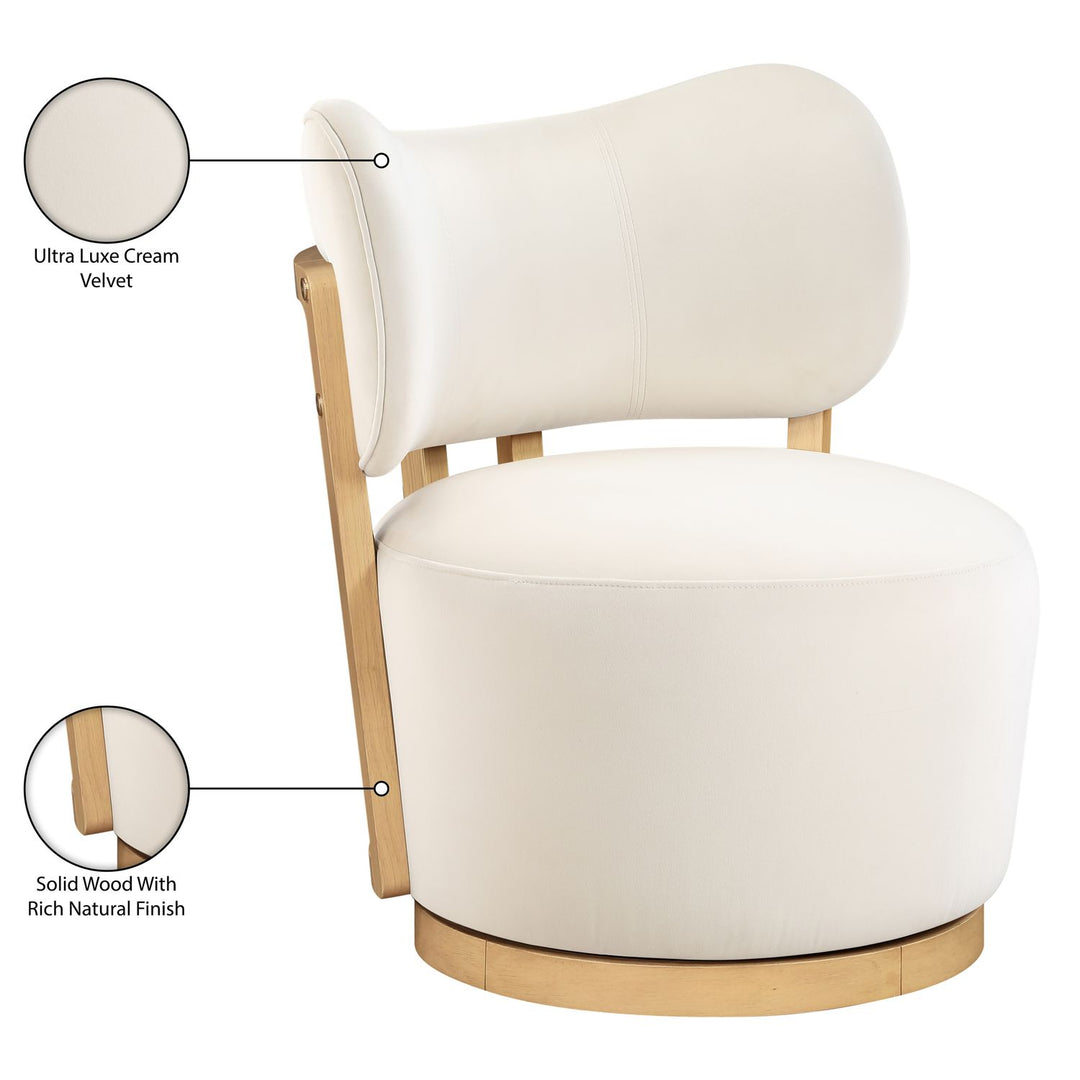Elara Velvet Upholstered Swivel Accent Chair — Cream / Stained Natural