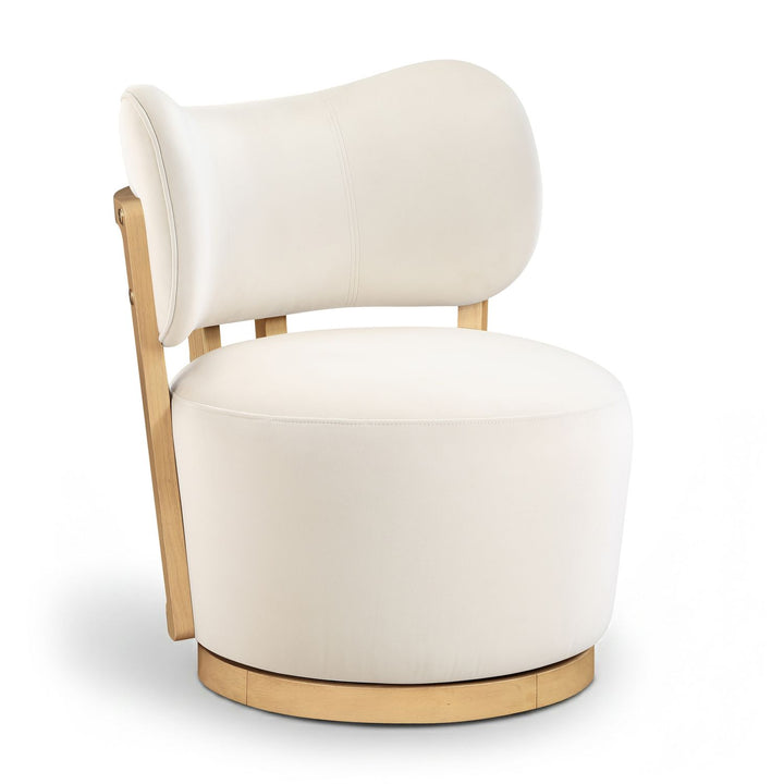 Elara Velvet Upholstered Swivel Accent Chair — Cream / Stained Natural
