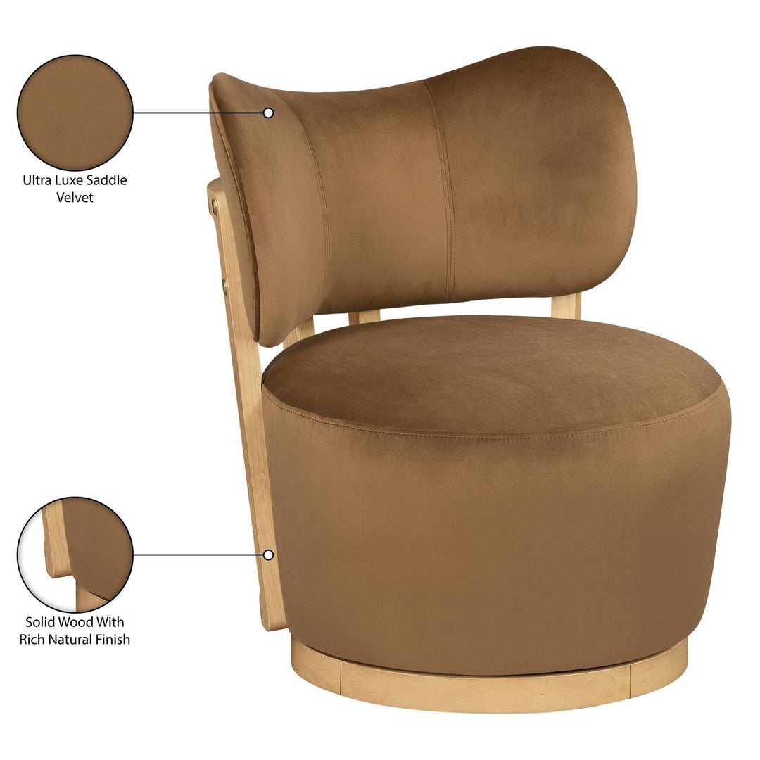 Elara Velvet Upholstered Swivel Accent Chair — Saddle / Stained Natural
