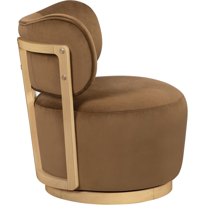 Elara Velvet Upholstered Swivel Accent Chair — Saddle / Stained Natural