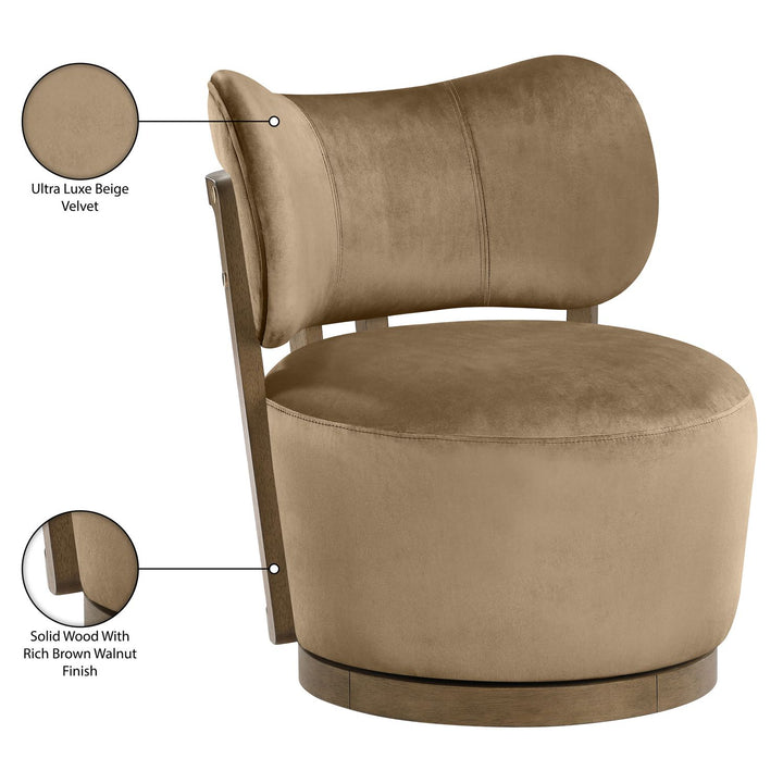 Elara Velvet Upholstered Swivel Accent Chair — Beige / Stained Brown