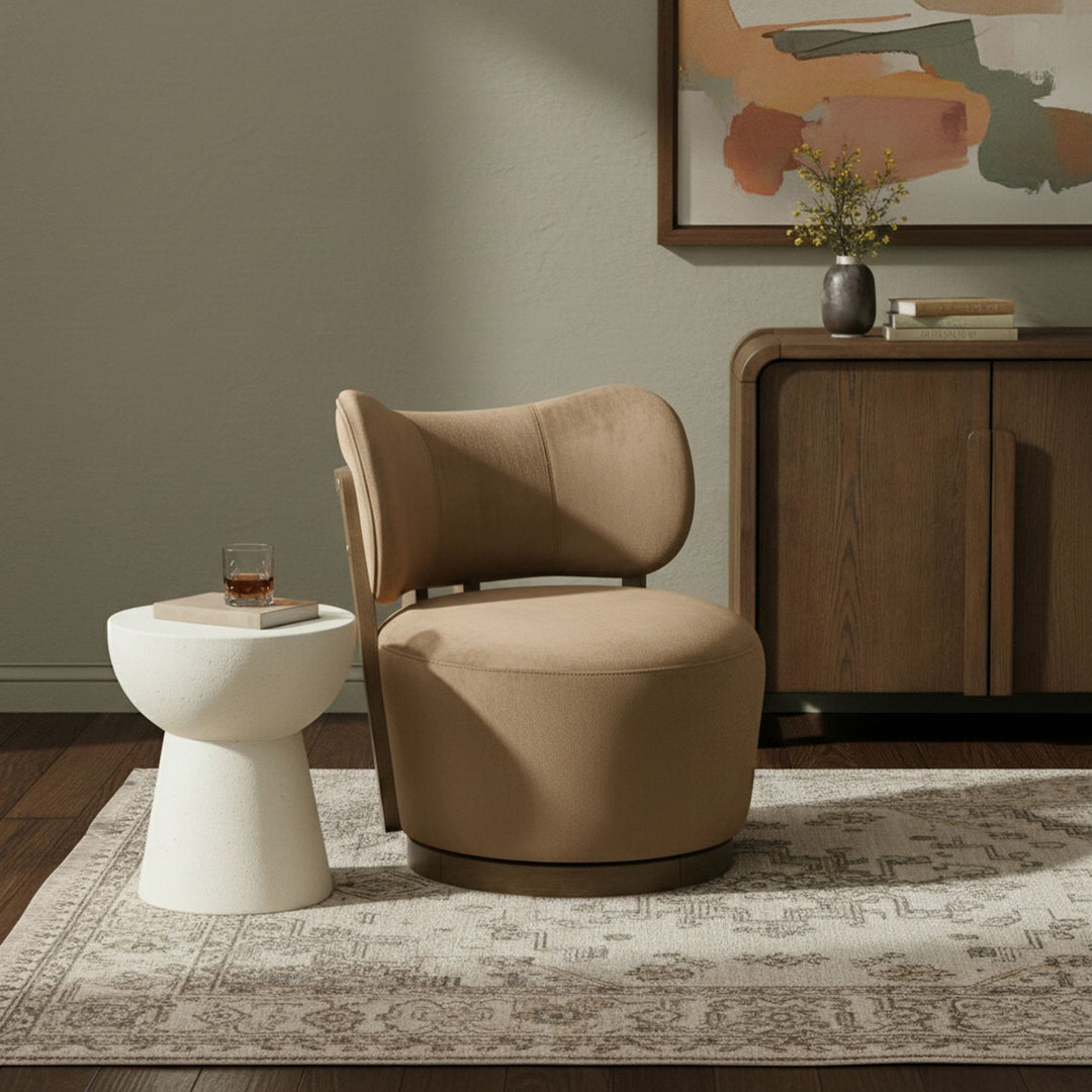 Elara Velvet Upholstered Swivel Accent Chair — Beige / Stained Brown