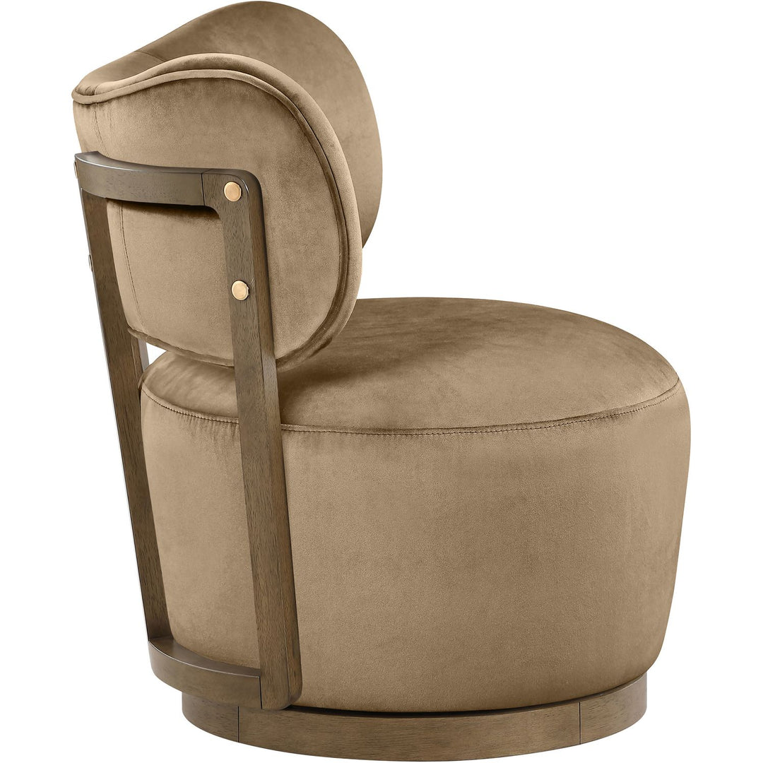 Elara Velvet Upholstered Swivel Accent Chair — Beige / Stained Brown