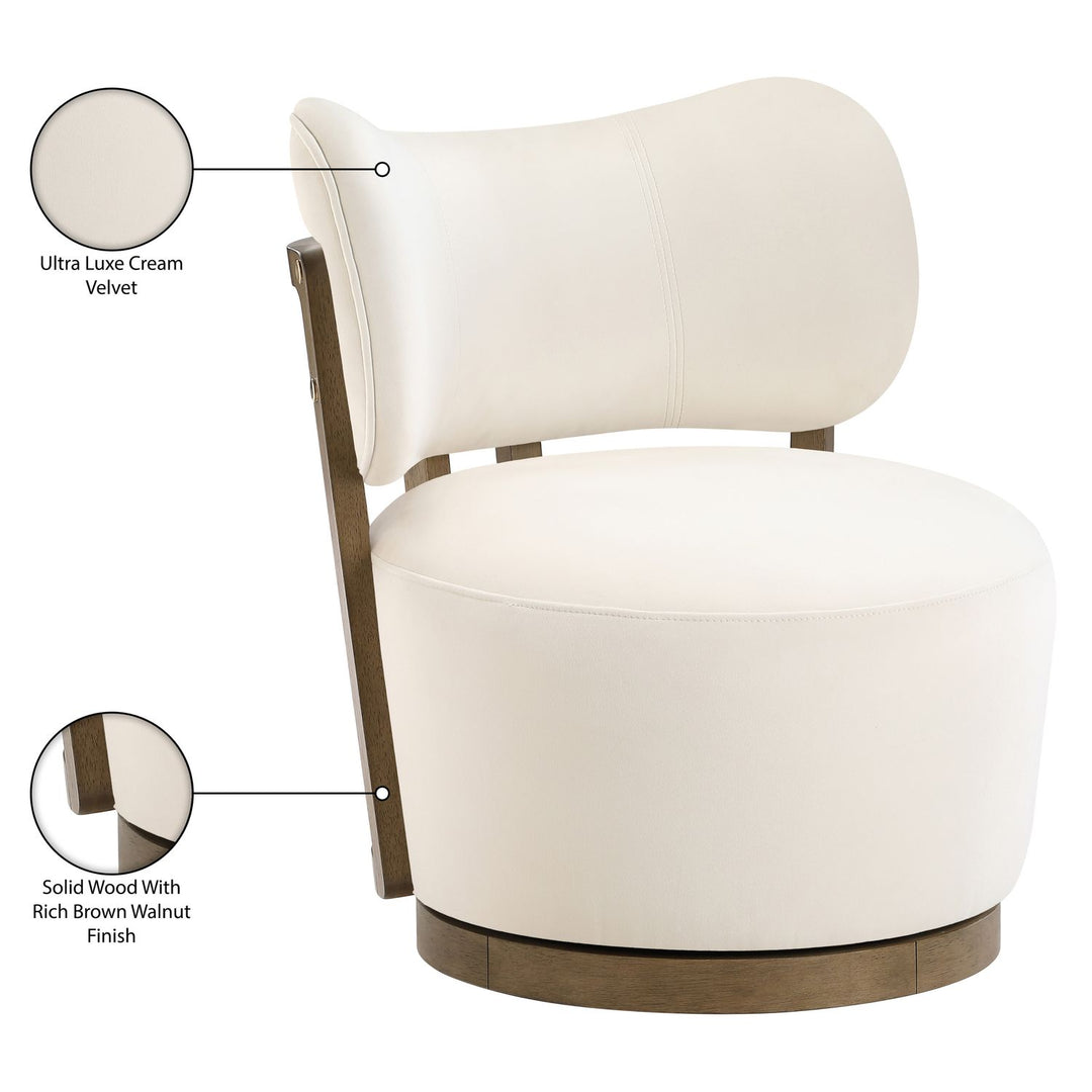 Elara Velvet Upholstered Swivel Accent Chair — Cream / Stained Brown