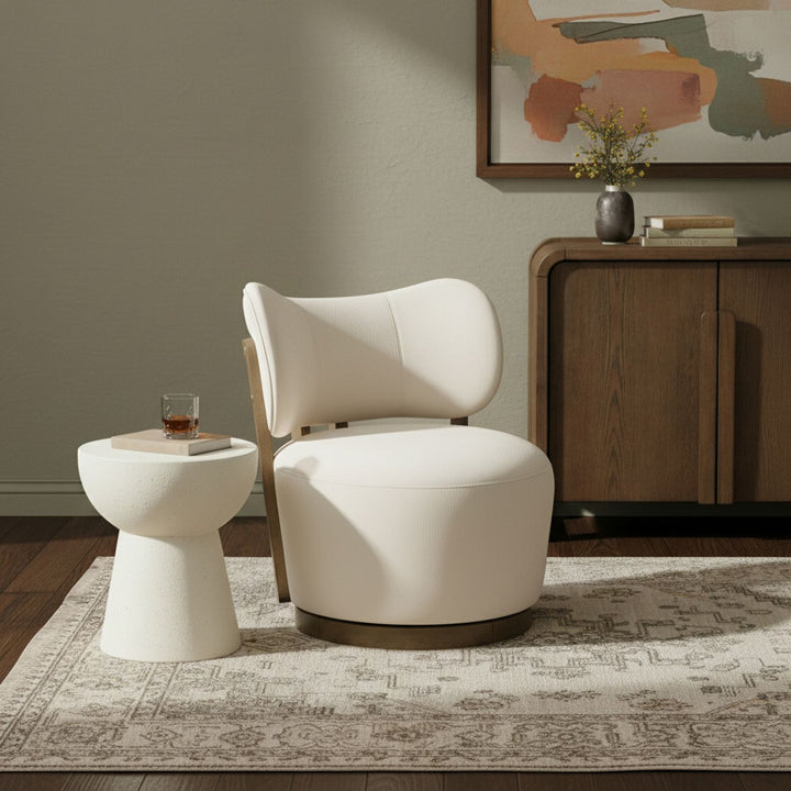 Elara Velvet Upholstered Swivel Accent Chair — Cream / Stained Brown