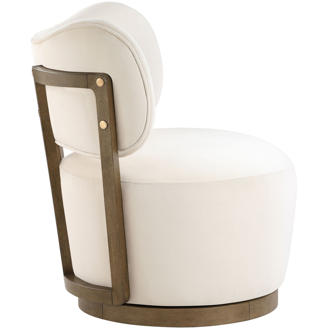 Elara Velvet Upholstered Swivel Accent Chair — Cream / Stained Brown