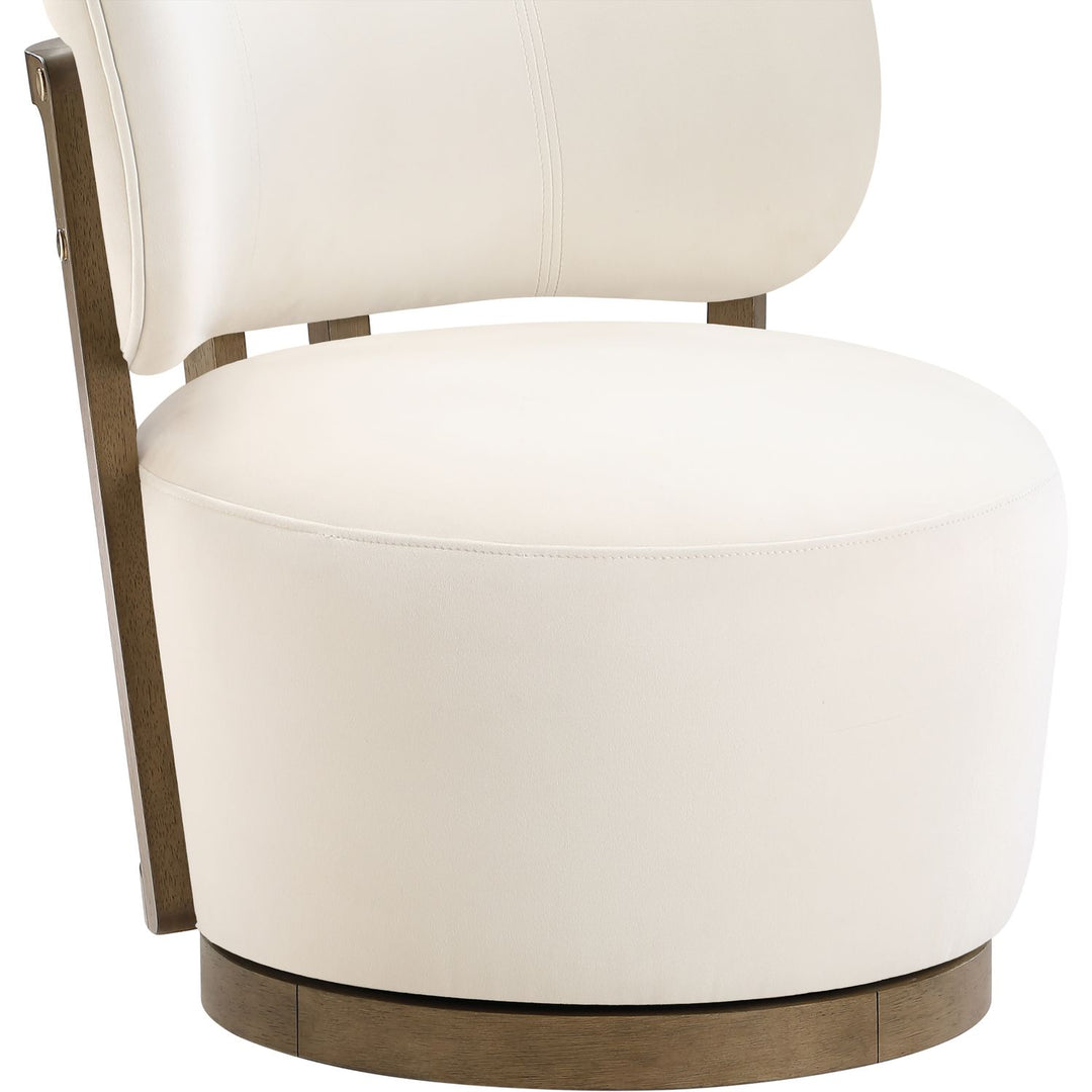 Elara Velvet Upholstered Swivel Accent Chair — Cream / Stained Brown