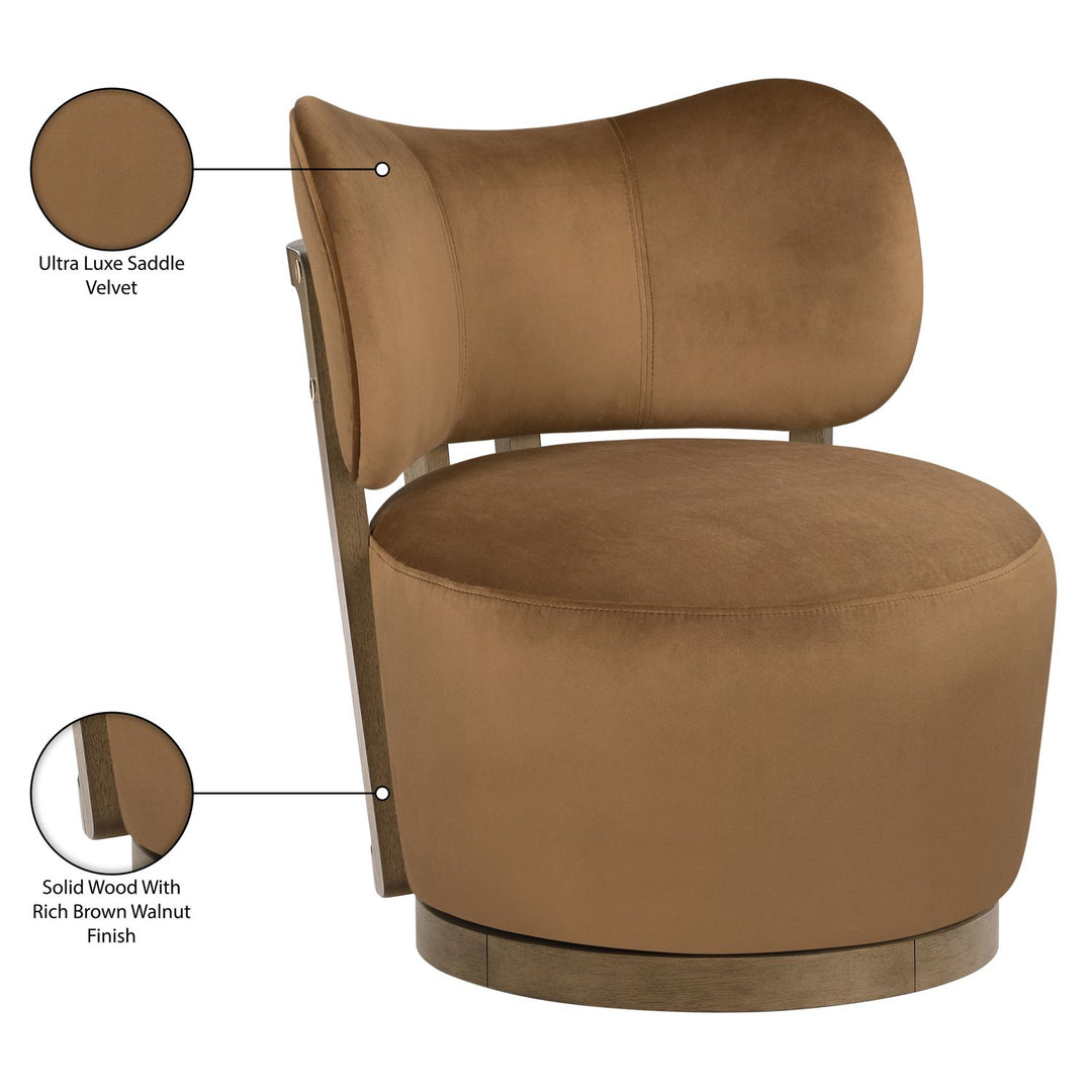 Elara Velvet Upholstered Swivel Accent Chair — Saddle / Stained Brown