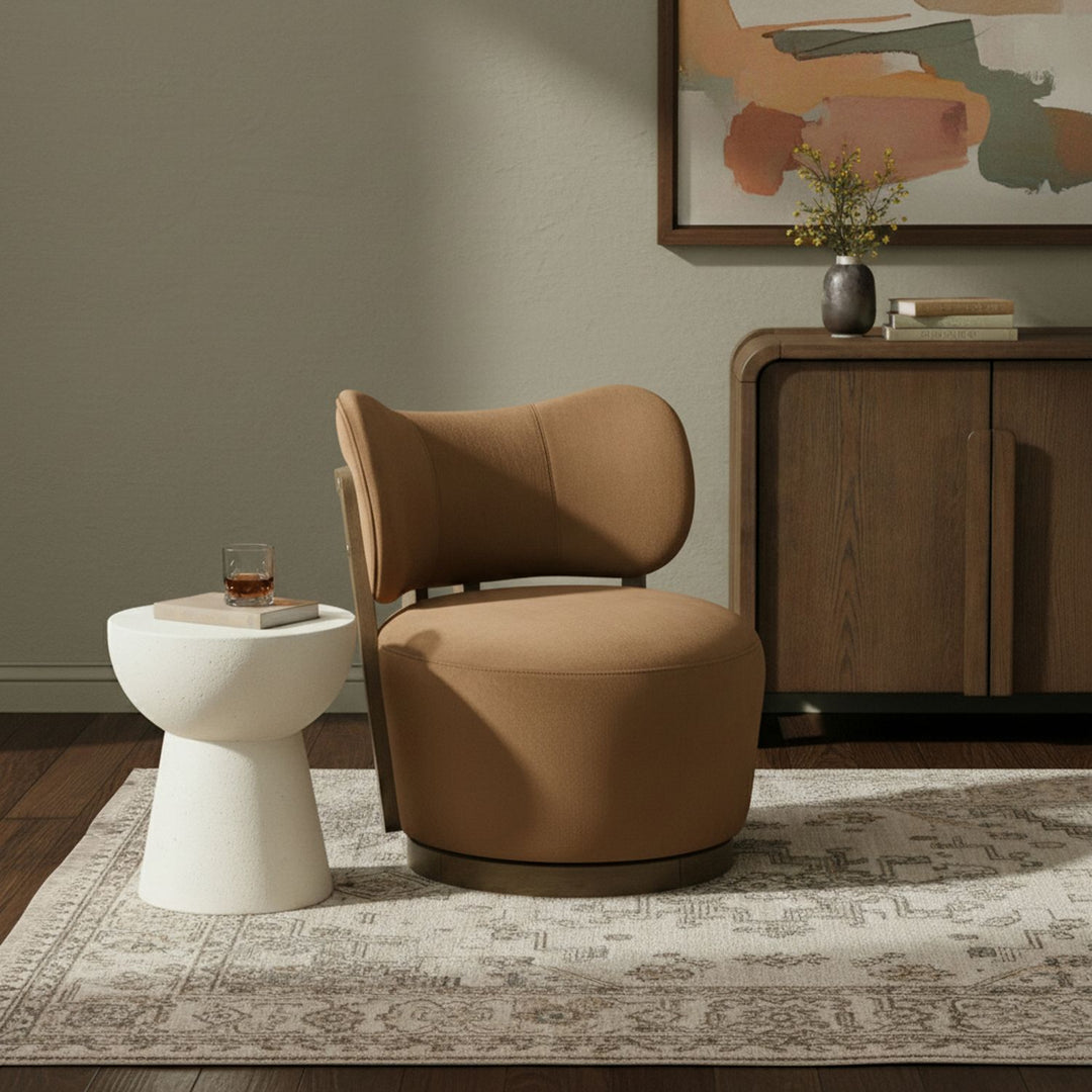 Elara Velvet Upholstered Swivel Accent Chair — Saddle / Stained Brown