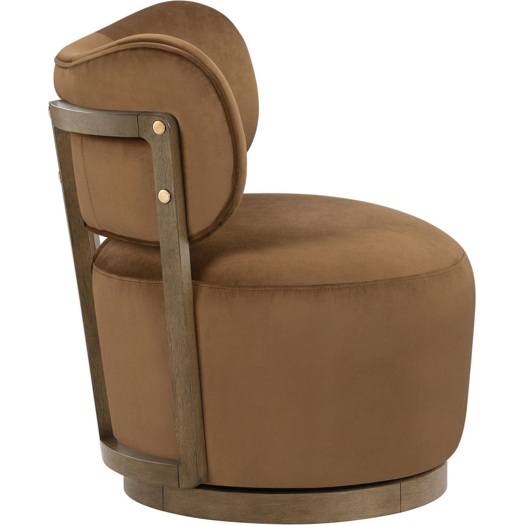 Elara Velvet Upholstered Swivel Accent Chair — Saddle / Stained Brown
