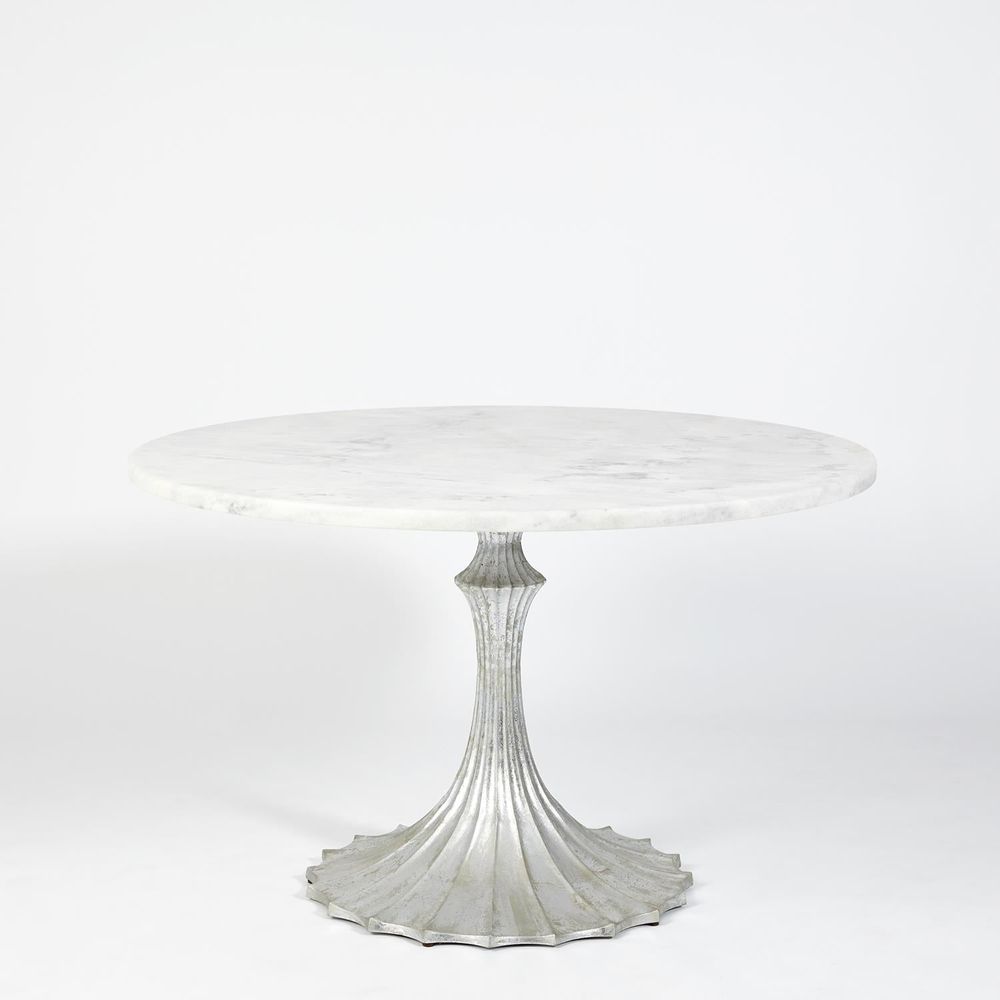 Dining Tables Flute Table 48 White Marble Top w/26 Silver Leaf Base