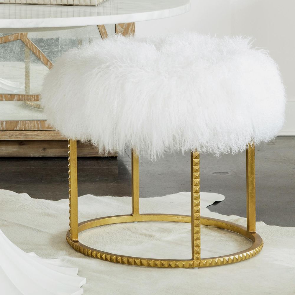 Poufs Stud Pouf-Gold Leaf-White Fur