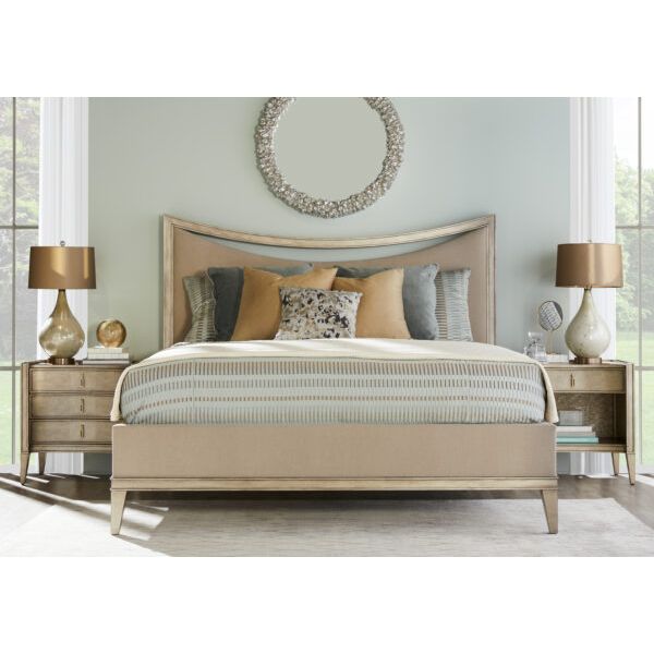 Additional view of Cove Queen Upholstered Bed in taupe and greige, featuring fixed curved upholstered headboard.