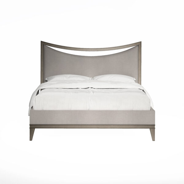 Alternate view of Cove Queen Upholstered Bed, featuring fabric upholstery, wood, and fixed curved upholstered headboard.