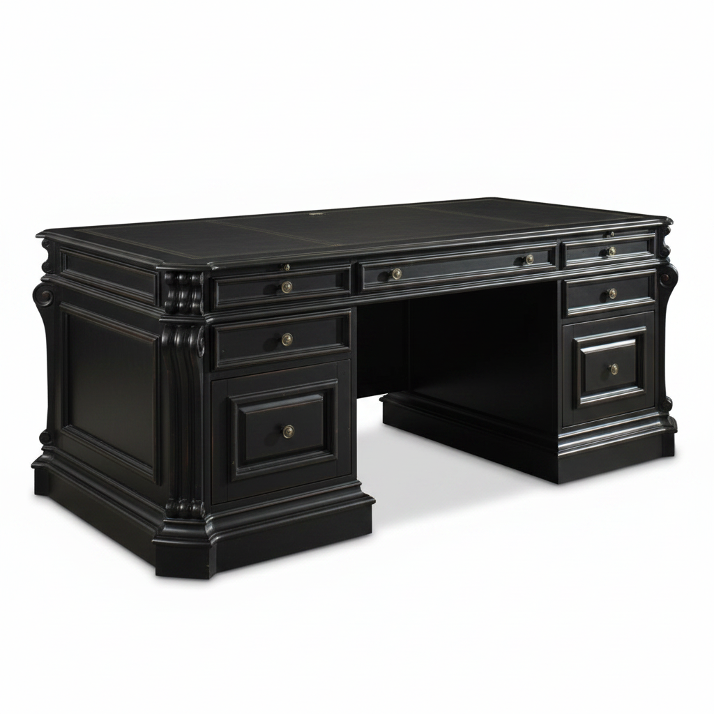 Highlands 76'' Executive Desk W/ Wood Panels, shown in black with wood and metal hardware.