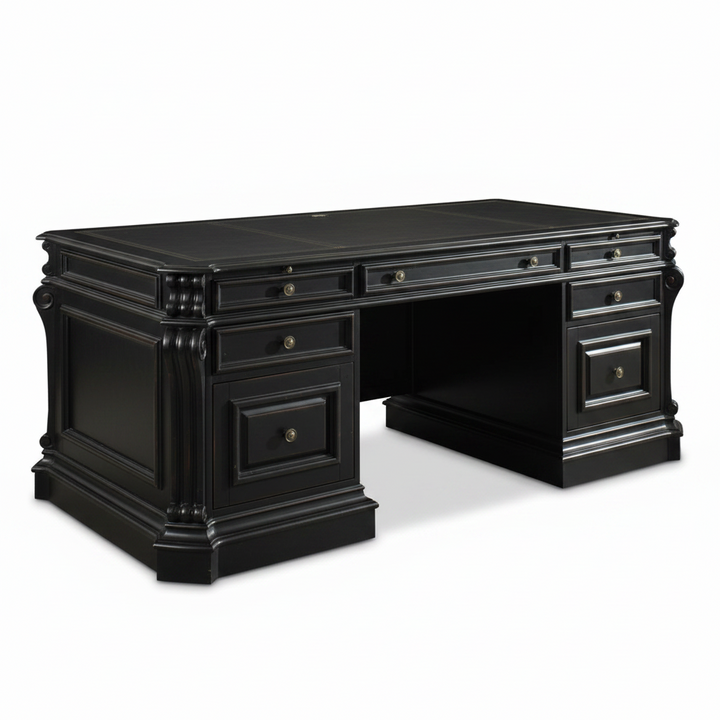 Highlands 76'' Executive Desk W/ Wood Panels, shown in black with wood and metal hardware.