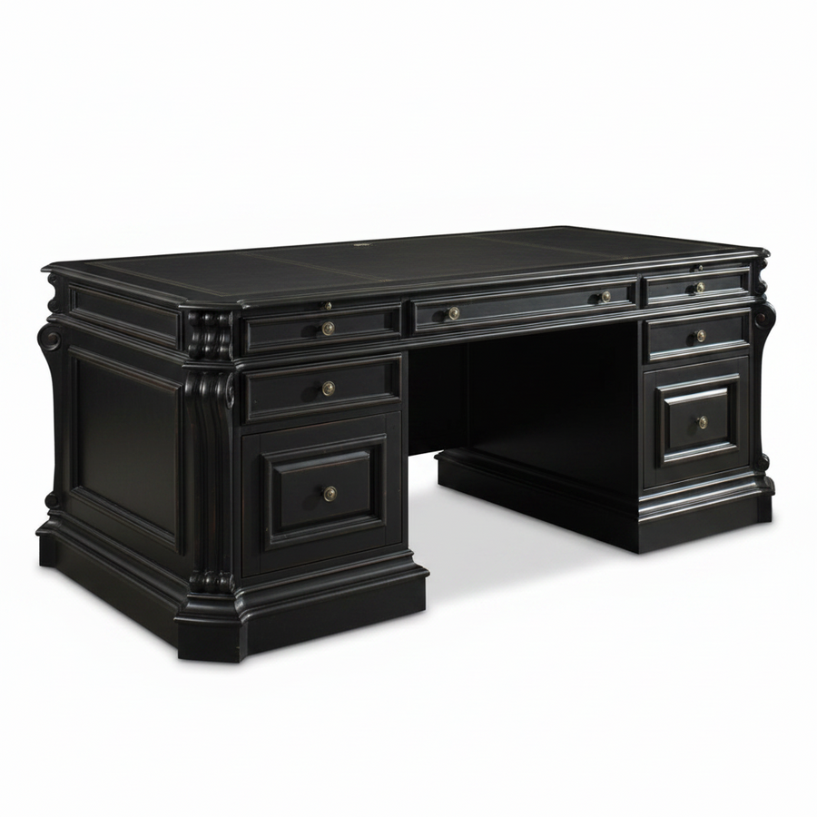 Highlands 76'' Executive Desk W/ Wood Panels, shown in black with wood and metal hardware.
