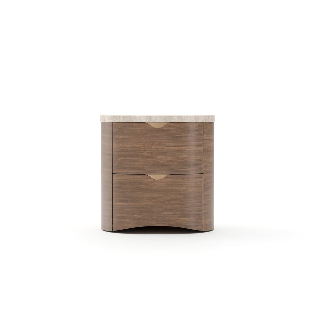Fleur Small Nightstand, shown in medium walnut brown and cream travertine with wood veneer and natural stone.