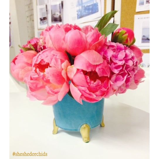 Indoor Planters Cachepot, Turquoise with Gold, Small Set of 2
