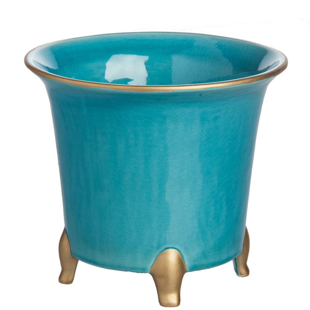 Indoor Planters Cachepot, Turquoise with Gold, Large Set of 2