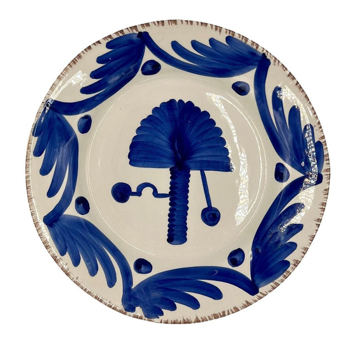 Casa Nuno Blue and White Dinner Plate, Palm Set of 2, shown in blue and white with ceramic and a flat food-serving surface.