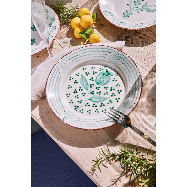Casa Nuno Green and White Dinner Plate, Pomegranate/Waves Set of 2