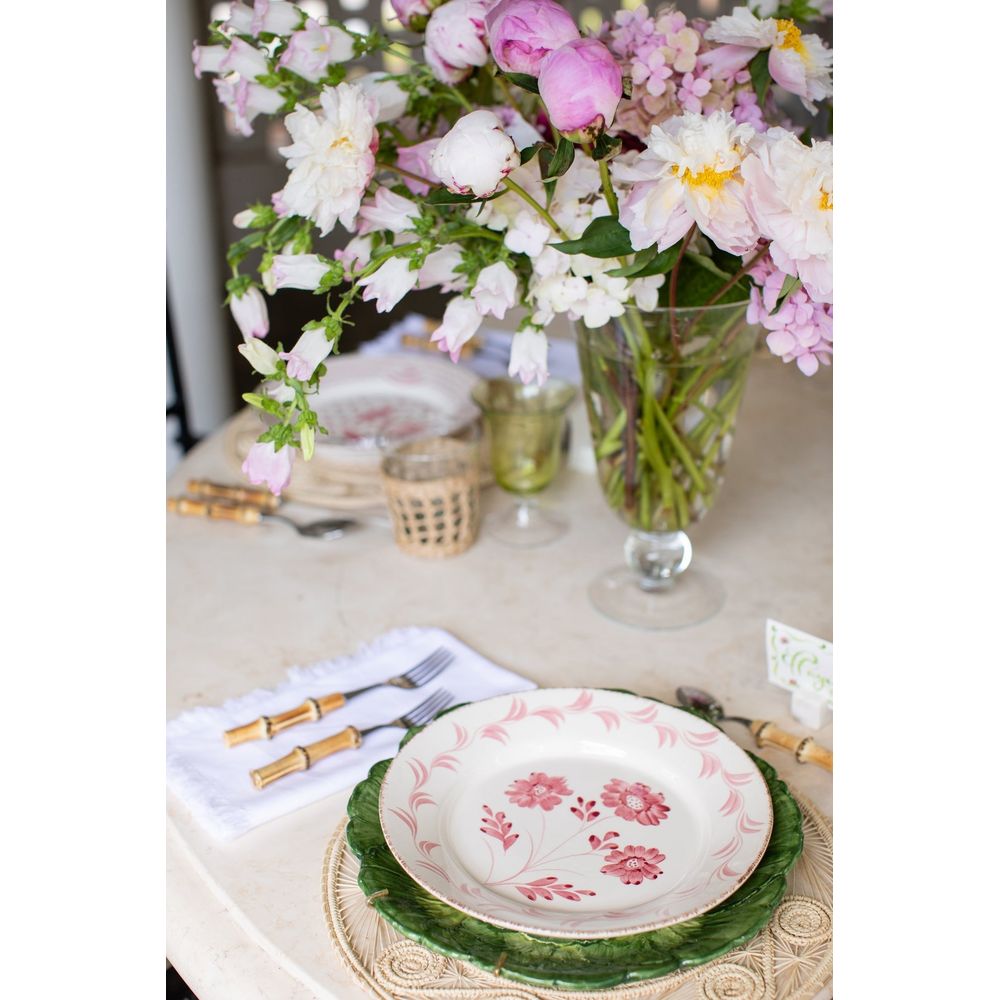 Casa Nuno Pink and White Dinner Plate, 3 Flowers/Vines, Set of 2