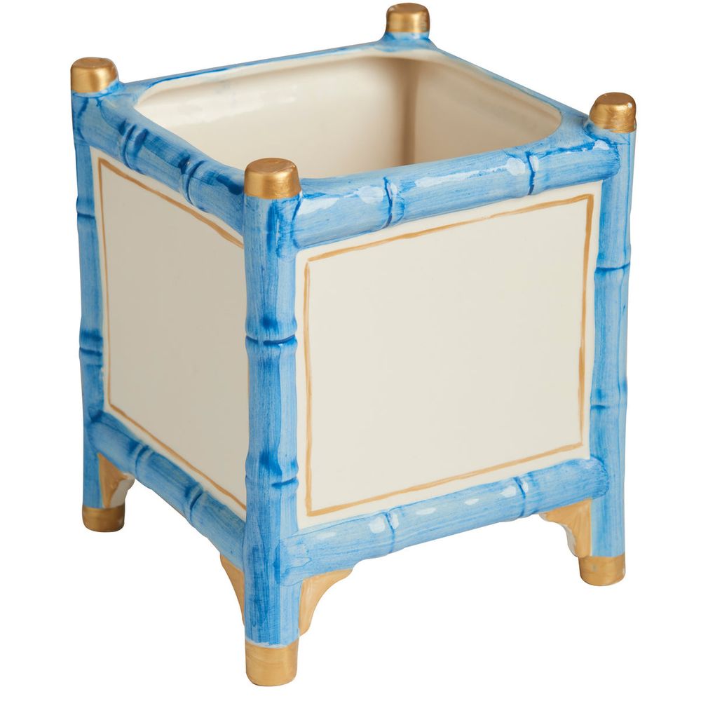 Indoor Planters Bamboo Cachepot, Blue/Gold, Large Set of 2