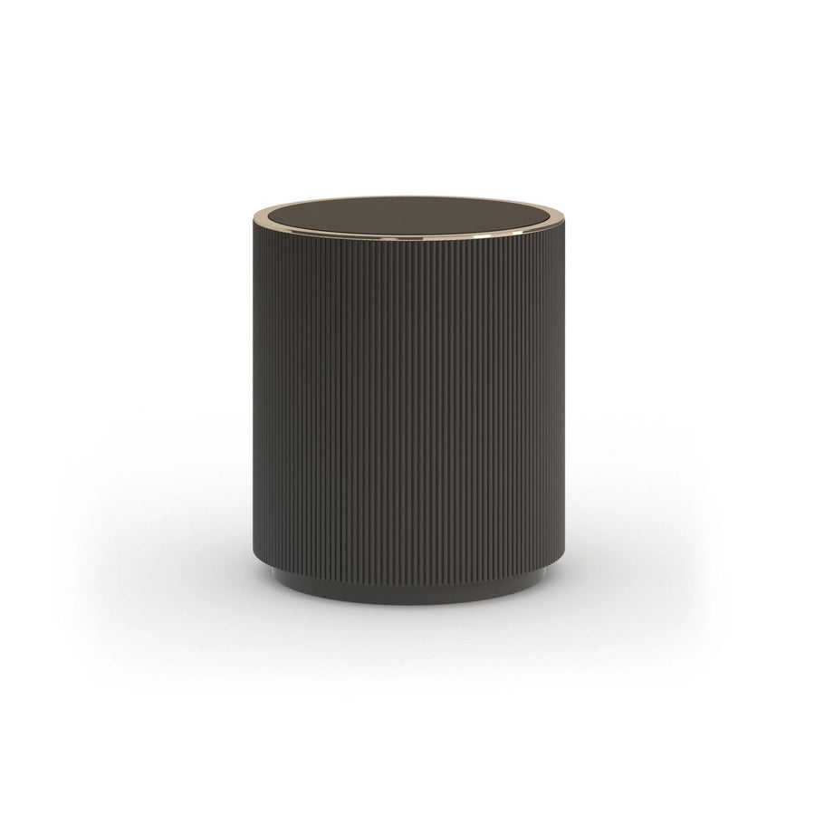 Love Round End Table, shown in dark charcoal gray and black with wood or wood composite and metal trim.