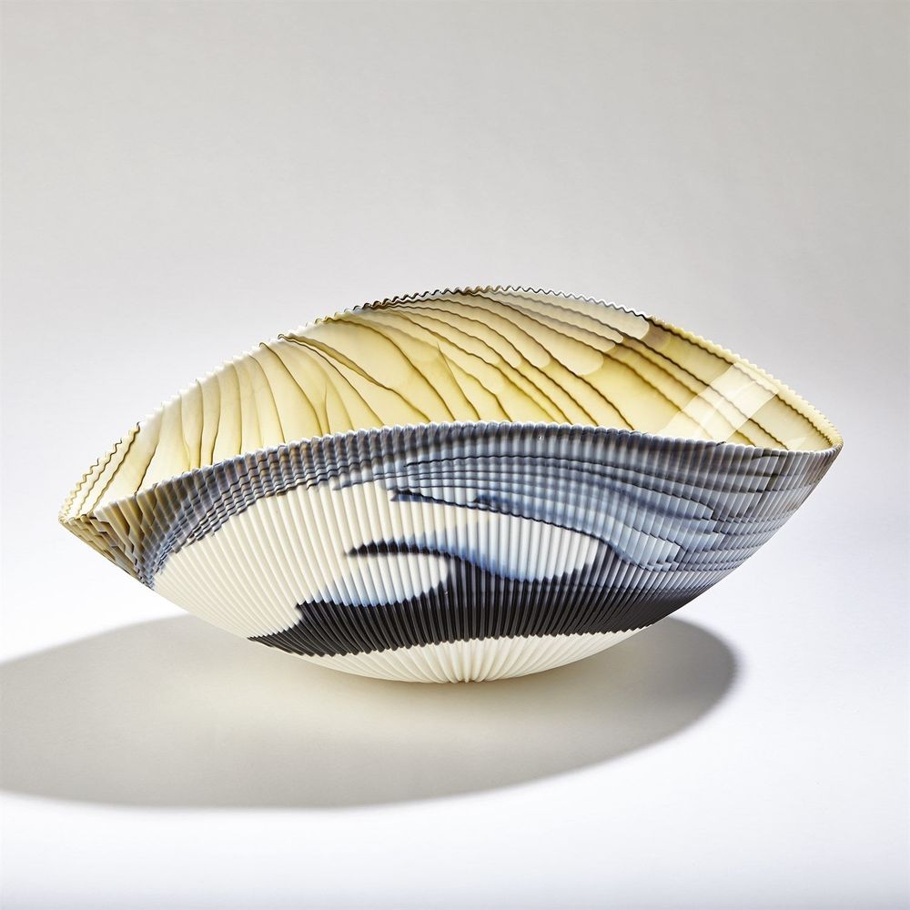 Bowls Pleated Bowl-Amber/Blue Filigree-Lg