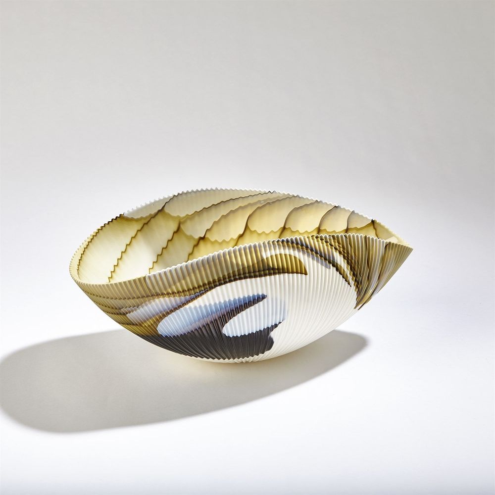 Pleated Bowl-Amber/Blue Filigree-Lg