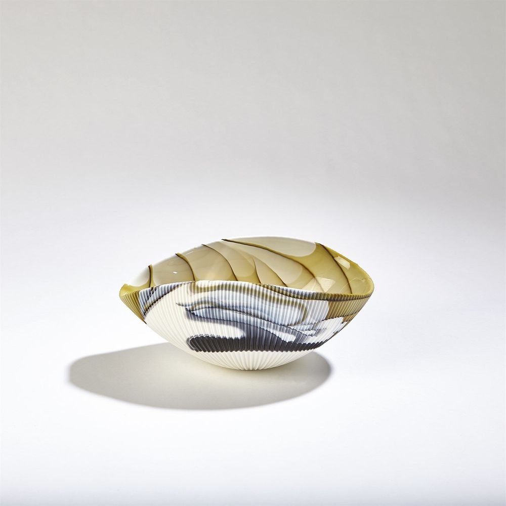 Pleated Bowl-Amber/Blue Filigree-Lg