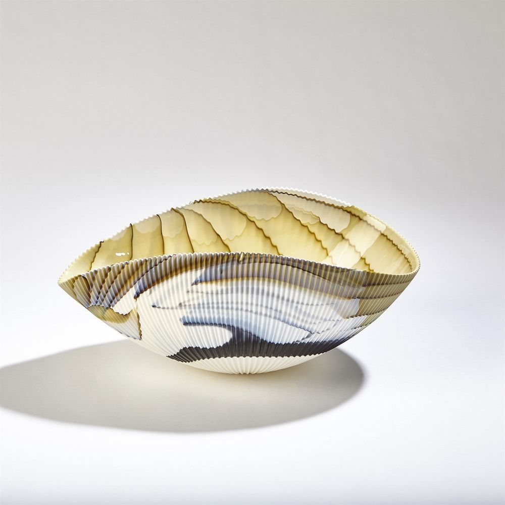 Pleated Bowl-Amber/Blue Filigree-Lg