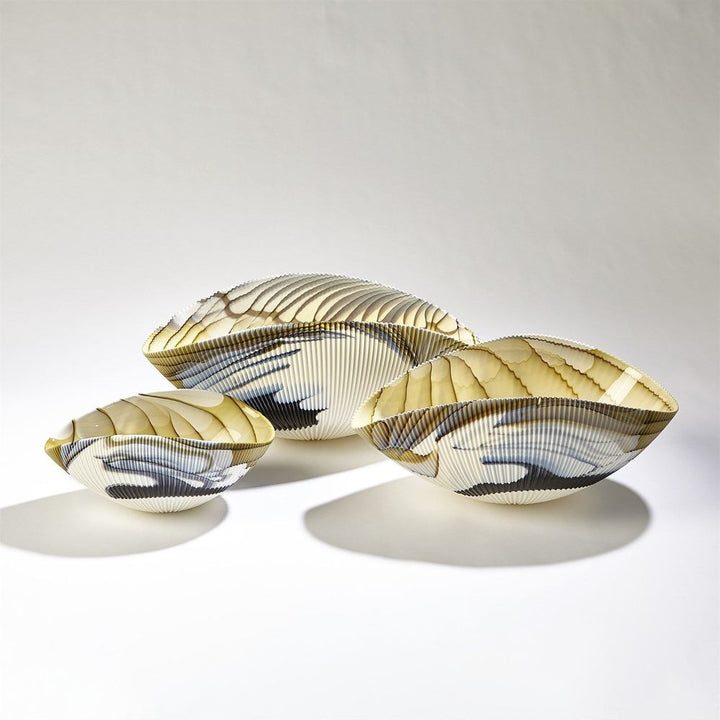 Pleated Bowl-Amber/Blue Filigree-Lg