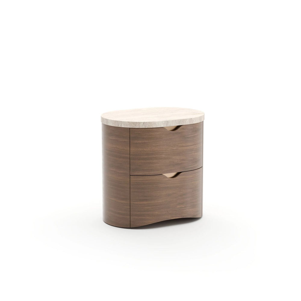 Alternate view of Fleur Small Nightstand in medium walnut brown and cream travertine.