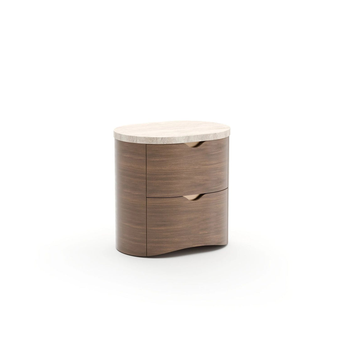 Alternate view of Fleur Small Nightstand in medium walnut brown and cream travertine.