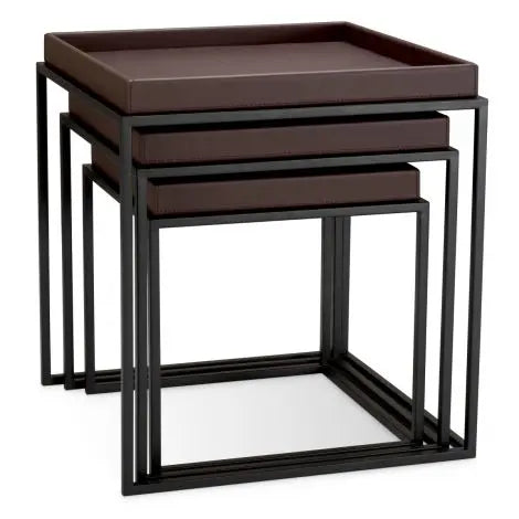 Side Table Léonard Faux Leather Dark Brown Black Finish Set Of 3 - image 4