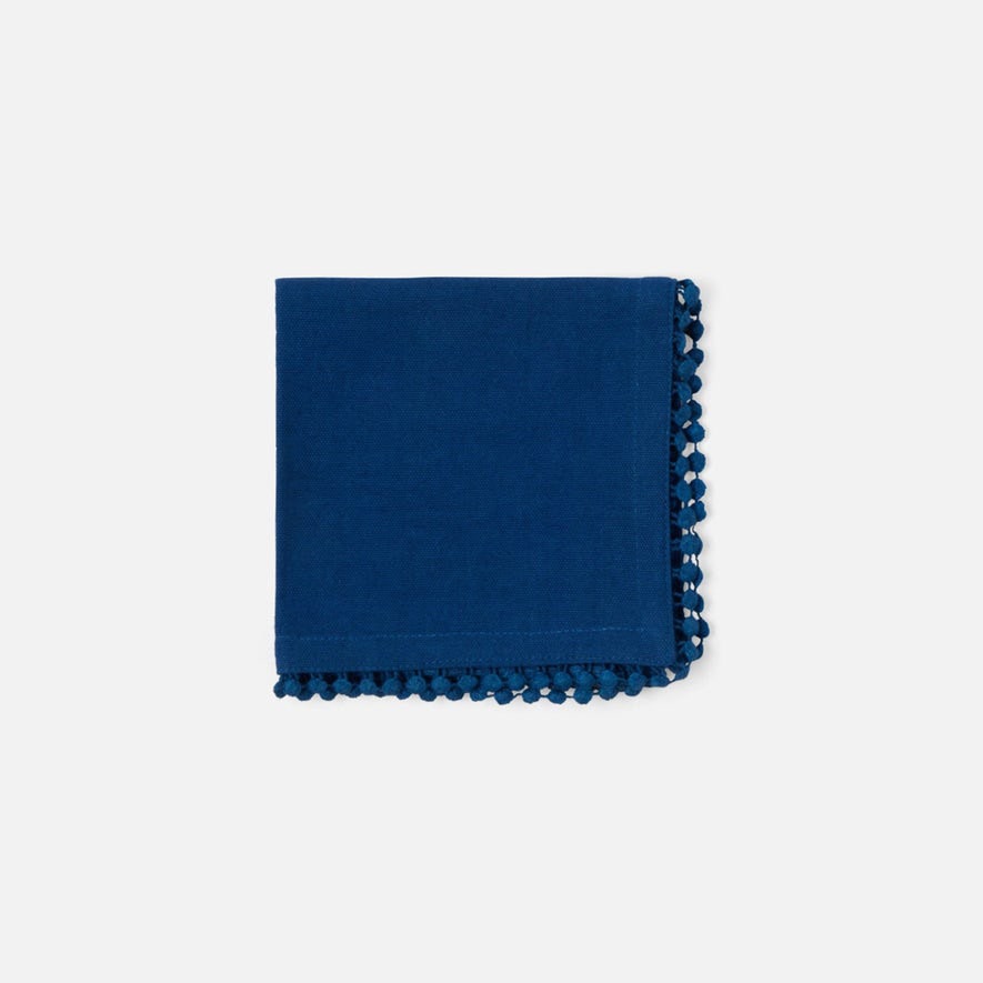 Margot Classic Blue Pom Pom Border Cocktail Napkin Cotton Canvas 11X11 Pack/4