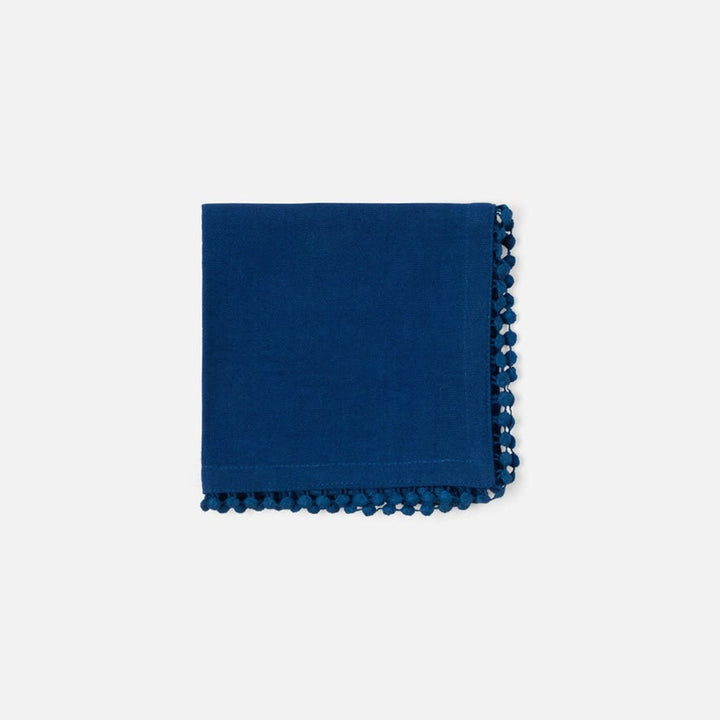 Margot Classic Blue Pom Pom Border Cocktail Napkin Cotton Canvas 11X11 Pack/4