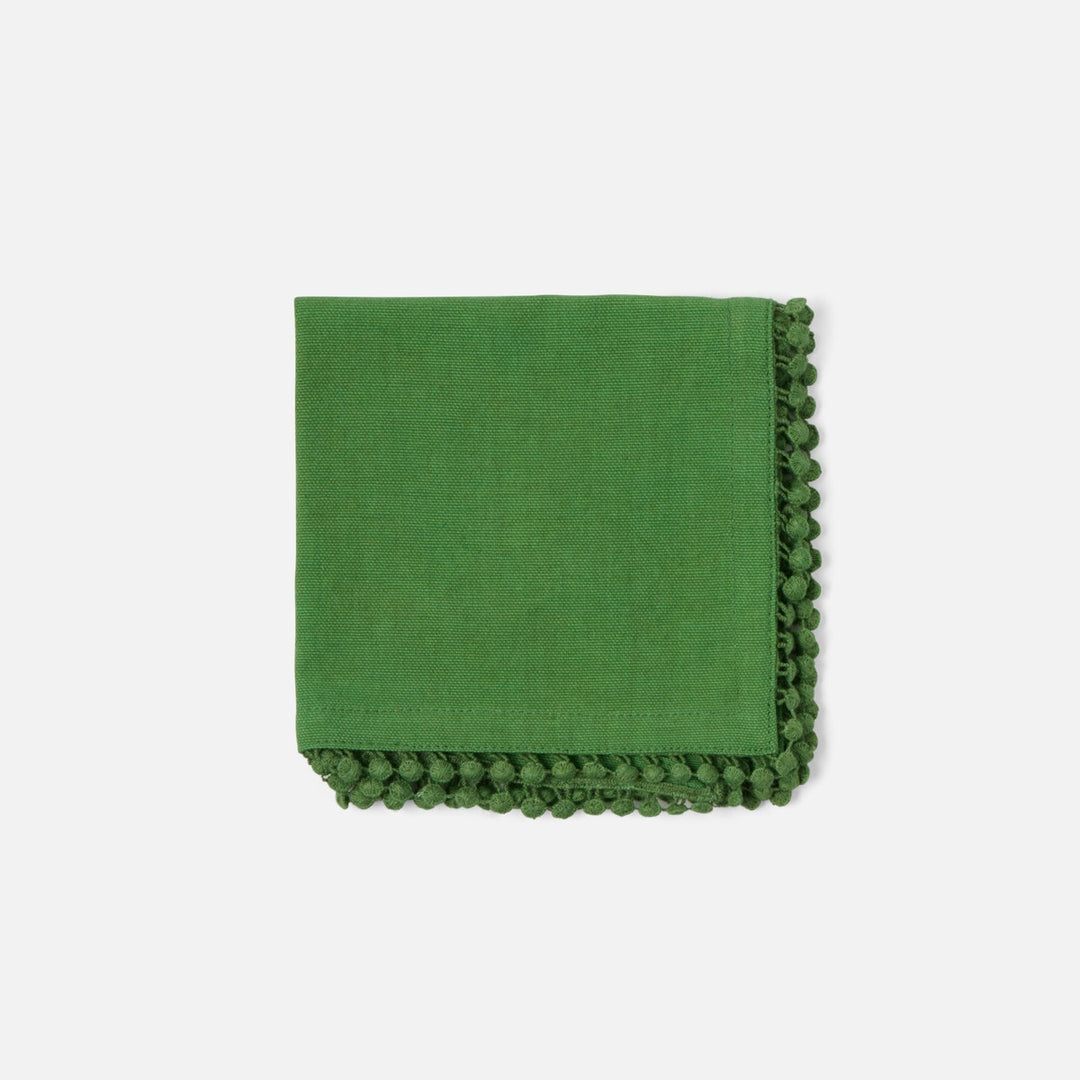 Margot Ivy Green Pom Pom Border Cocktail Napkin Cotton Canvas 11X11 Pack/4